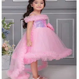 Ministitch Net Off Shoulder Sequin Embellished Bodice High Low Party Dress - Baby Pink image 4