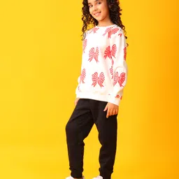 Anthrilo Fleece Knit Full Sleeves Bow Printed Sweatshirt With Joggers - White & Black image 4