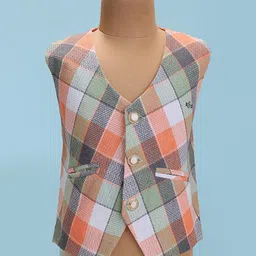 Radutu Full Sleeves Solid Shirt With Checked Waistcoat Pant & Bow - Peach & White image 4