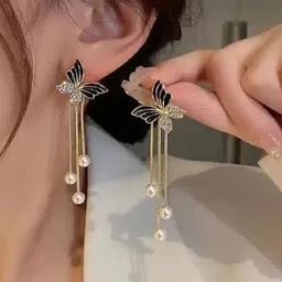 Palli Creation Korean Gold-Plated Crystals Studded & Pearls Beaded Animal Drop Earrings image 3