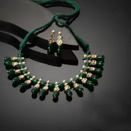 Dugran By Dugristyle Kundan & Pearls Green & Golden Necklace & Earring Set for Women-picture-22