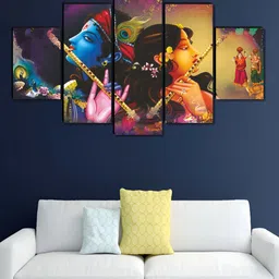 SAF Blue & Beige 5 Pieces Radha Krishna Wood Wall Art-image-80