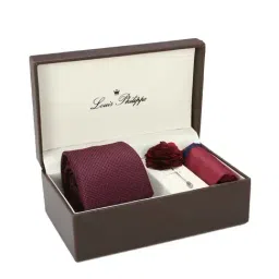 Louis Philippe Maroon Textured Tie with Pocket Square and Lapel Pin-image-86
