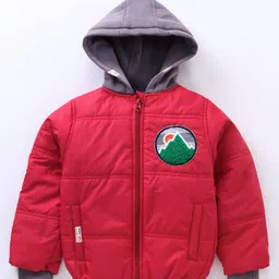 Little Kangaroos Full Sleeves Patched Quilted Hooded Jacket - Red-image-38