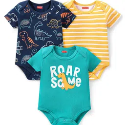 Babyhug 100% Cotton Knit Half Sleeves Onesies  with Striped Dino & Text Print Pack of 3 - Multicolour-picture-16