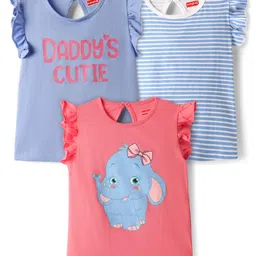 Babyhug Cotton Knit Frill Sleeves T-Shirts with Stripes & Daddy's Cutie Text Print Pack Of 3 - Violet Pink & Blue-picture-12