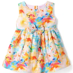 Babyhug Cotton Knit Sleeveless Frock With Floral Print & Bow Applique - Multicolor-picture-32