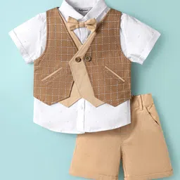 ToffyHouse Poplin Woven Half Sleeves 3 Piece Party Suits with Checks Print - White & Tan-picture-33