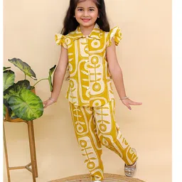 AJ Dezines Cotton Woven Frill Sleeves Floral Printed Top & Coordinating Pant Set - Mustard-picture-14