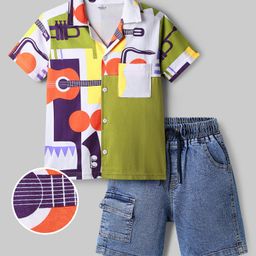 OLLINGTON ST. Cotton Sinker Knit Half Sleeves Shirt & Denim Shorts with Musical Print - Multicolor Olive Green & Indigo-picture-12