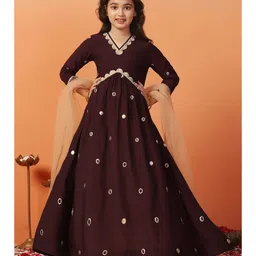 Fashion Dream Chanderi Woven Three Fourth Sleeves Lace & Mirror Embellished Dress With Dupatta Set - Brown-picture-19
