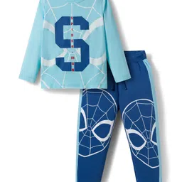 Pine Kids Marvel Single Jersey Knit Full Sleeves T-Shirt & Joggers Set with Spider Man Graphic - Blue-image-53