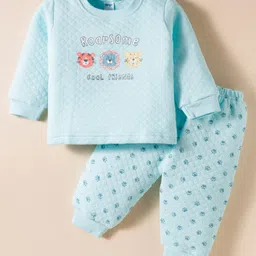 Tango Knit Full Sleeves Night Suit With Animal Print - Aqua-picture-16