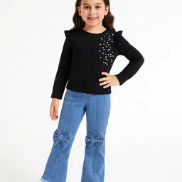 Bright Stars KIDSWEAR Cotton Knit Full Sleeves Frill Detailed Pearl Embellished Top & Jeans Set - Black-picture-23