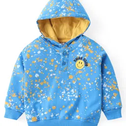 Babyhug Cotton Knit Full Sleeves Printed Hooded T-Shirt & Lounge Pants Set With Colour Splash Print & Smiley Patch - Blue image 2