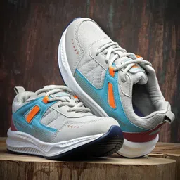 Asian Go Chase Text Designed Mesh Detailed Sneakers -Grey & Turquoise image 3