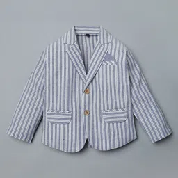 Rikidoos Solid Kurta Style Shirt & Trousers With Full Sleeves Striped Blazer Set - Light Blue & Beige image 2