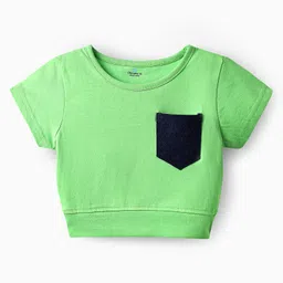 OLLINGTON ST. Cotton Knit Half Sleeves Top & Denim Shorts with Letter Print & Front Pocket - Green & Indigo image 4