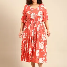 The Pink Moon Women Boho Orange Floral Print Dress with Waist Tie image 1