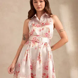 Outzidr Floral Print Halter Neck Fit & Flare Mini Dress-picture-15