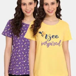 Rosaline by Zivame Yellow & Purple Printed T-Shirt - Pack of 2-image-25