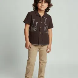 HOP Kids by Westside Dark Brown Embroidered Resort-Fit Cotton Shirt-picture-25
