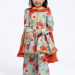 Sangria Girls Floral Printed Cotton Kurta With Sharara & Dupatta Set image 2