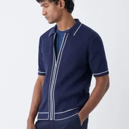 Ascot by Westside Navy Ribbed-Textured Relaxed-Fit Cotton-Blend T-Shirt-image-79