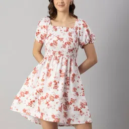 Moomaya White & Coral Floral Print Fit & Flare Dress-picture-10