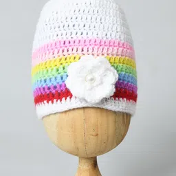 Funkrafts Floral Applique Handmade Woollen Rainbow Cap - White Multicolor-image-82