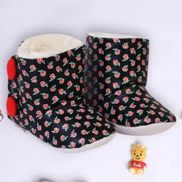 Coco Candy Flower Detailed Fur Lined Velcro Closure Booties - Red & Black image 1