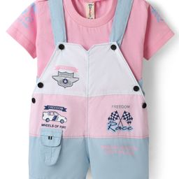 Dapper Dudes Embosis Hosiery Vehicle Printed Cut & Sew Dungaree With Half Sleeves Tee - Pink-picture-33