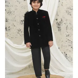 AJ Dezines Velvet Solid Full Sleeves Sherwani & Pant Set - Black-picture-11