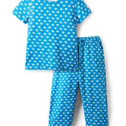 Pine Kids Single Jersey Knit Half Sleeves Co-ords Night Suit With Star Print - Teal Blue-picture-28