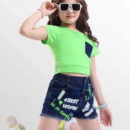 OLLINGTON ST. Cotton Knit Half Sleeves Top & Denim Shorts with Letter Print & Front Pocket - Green & Indigo-picture-16