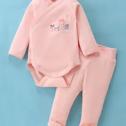 I Bears Interlock Knit Full Sleeves Onesie with Footed Leggings & Building Print - Pink image 1