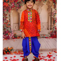 KID1 Cotton Woven Navratri Theme Full Sleeves Bandhani Designed & Mirror Work Embellished Dhoti Kurta Set - Orange & Blue-picture-25