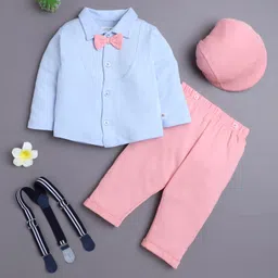 BUMZEE Cotton Knit Full Sleeves Solid Shirt With Attached Bow & Pant Set With Suspender & Cap - Pink & Powder Blue-picture-30