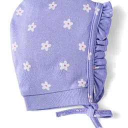 Babyhug 100% Cotton Cap with Floral Print & Frill Detailing - Purple image 2
