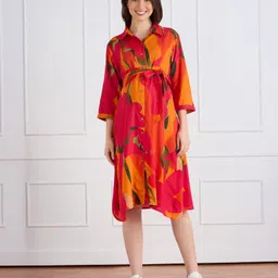 Bella Mama Woven Three Fourth Sleeves Maternity Shirt Dress With Floral Print - Orange image 3