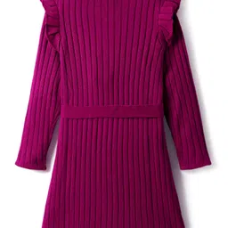 Pine Kids Knitted Full Sleeves Solid Ribbed Woollen Dress With Fabric Belt - Dark Pink image 3