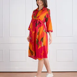 Bella Mama Woven Three Fourth Sleeves Maternity Shirt Dress With Floral Print - Orange image 4