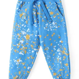 Babyhug Cotton Knit Full Sleeves Printed Hooded T-Shirt & Lounge Pants Set With Colour Splash Print & Smiley Patch - Blue image 4