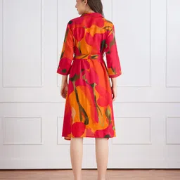 Bella Mama Woven Three Fourth Sleeves Maternity Shirt Dress With Floral Print - Orange image 5