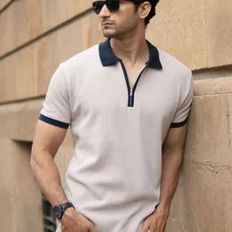 Powerlook Men Beige Contrast Collar Zipper T-Shirt-picture-22
