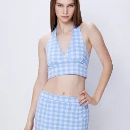 Cover Story Blue Check Crop Top-image-50