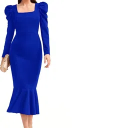 TESSAVEGAS Puff Sleeve Sheath Midi Dress-image-3