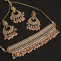 Aatmana Peach & White Gold-Plated Kundan Studded & Beaded Handcrafted Necklace Set for Women-picture-22