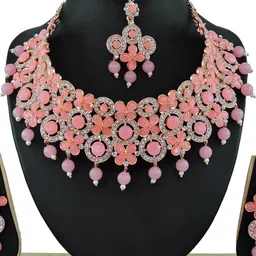 VATSALYA CREATION Alloy Pink Jewellery set With A pair of Earing & Manng Tika-picture-17