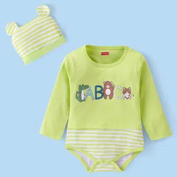 Babyhug 100% Cotton Full Sleeves Onesies With Cap Stripes & Dino Print- Green-image-23